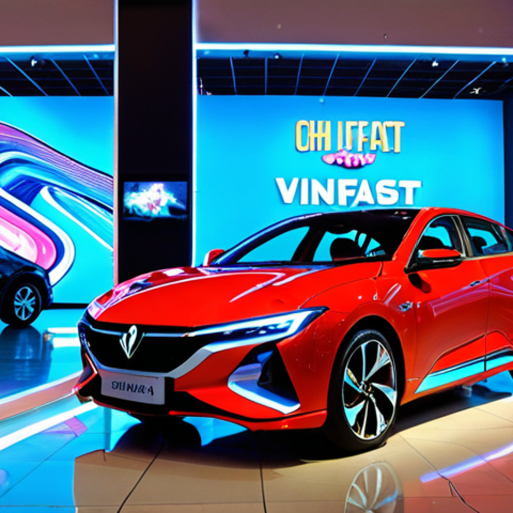 **

"A vibrant holographic display in a busy Ho Chi Minh City shopping mall showcasing a futuristic VinFast electric car. Shoppers, diverse in age and style, are captivated by the 3D projection, some taking photos with their smartphones. The scene is brightly lit with neon signs in Vietnamese, reflecting the dynamic urban environment."

**