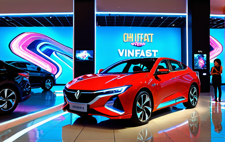 **
"A vibrant holographic display in a busy Ho Chi Minh City shopping mall showcasing a futuristic VinFast electric car. Shoppers, diverse in age and style, are captivated by the 3D projection, some taking photos with their smartphones. The scene is brightly lit with neon signs in Vietnamese, reflecting the dynamic urban environment."
**
